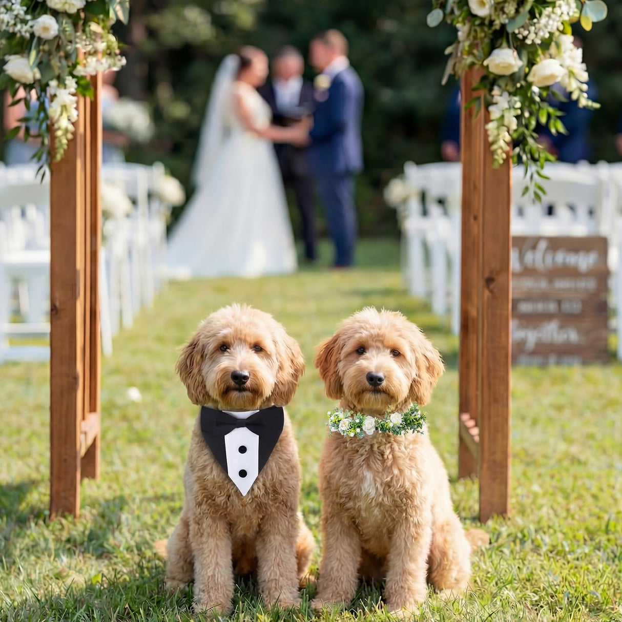 Huhumy 2 Pcs Dog Wedding Suits, Tuxedo and Flower Collar, Bow Tie Adjustable Formal Suit Costume Elegant Dog Flower Headband for Small to Medium Dogs Wedding Engagement Birthday Outfit Pet Photo Prop