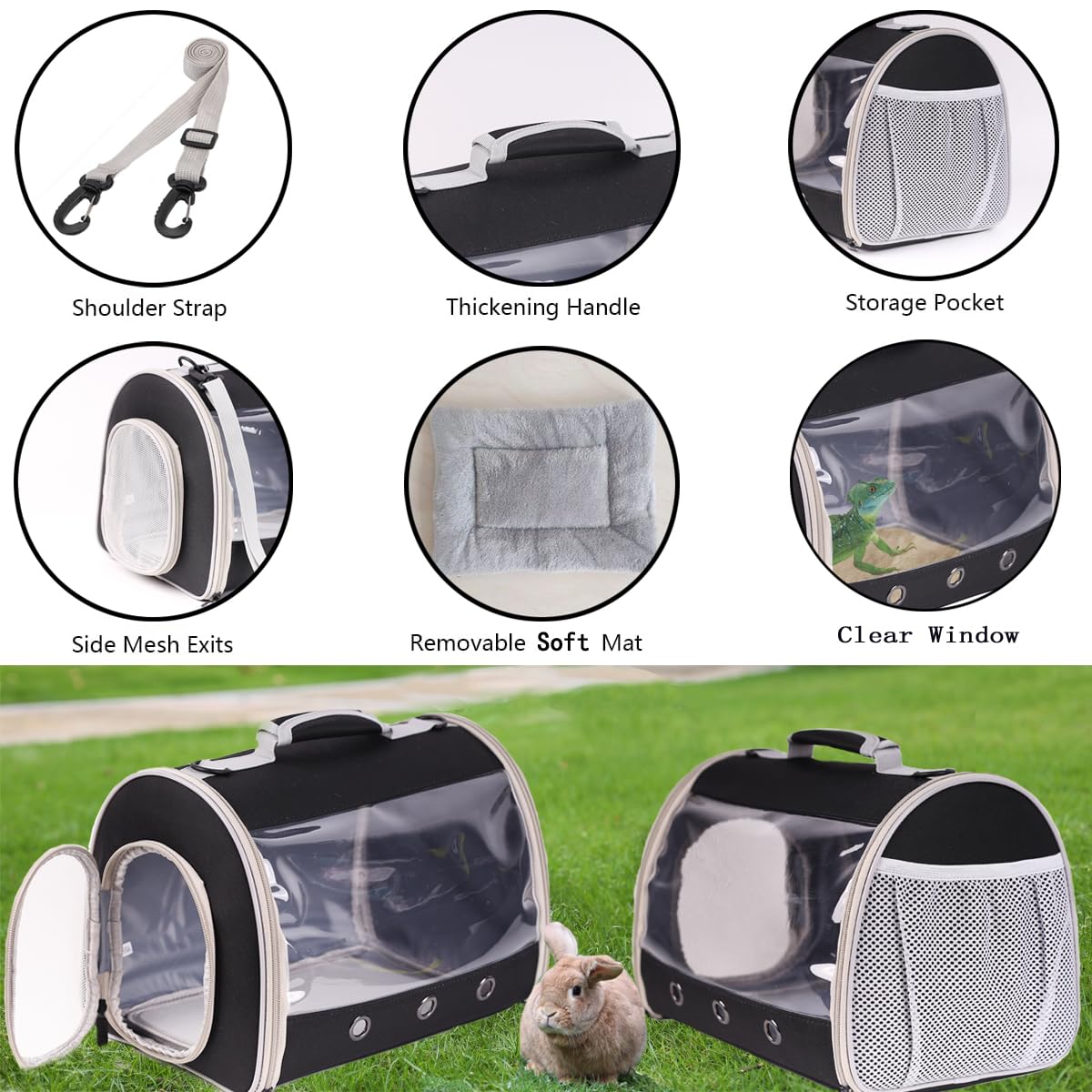 Bearded Dragon Travel Carrier Backpack,Lizard Backpack Carrier,Space Capsule Clear Bubble Window Astronaut Reptile Carrier Backpack for Guinea Pig,Sugar Glider,Bunny (Black, TPU Carrier+MAT)