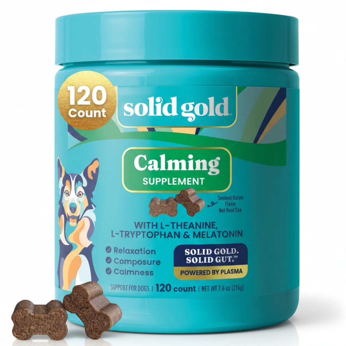 Solid Gold Calming Chews for Dogs - Dog Calming Chews w/Melatonin for Separation, Stress & Hyperactivity Relief - Supports Relaxation for Travel, Fireworks & Storms - All Ages & Sizes - Bacon 120ct