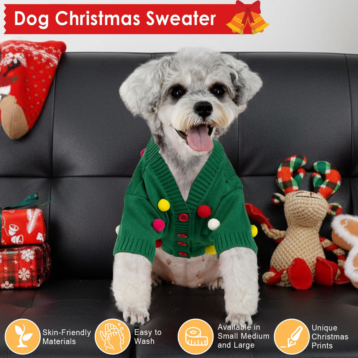 Dog Christmas Sweater Green Christmas Light Cardigans Dog Outfit Soft Warm Knitted Pet Clothes Cold Weather Puppy Clothes for Small Medium Large Dogs Cats