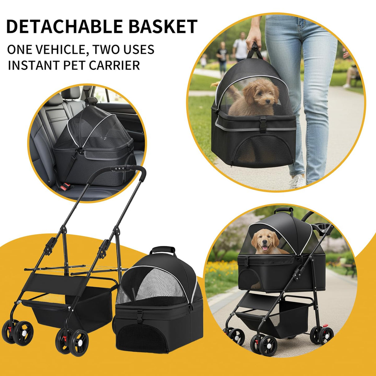 3-in-1 Pet Stroller for Small/Medium Dogs Cats,4 Wheels,Detachable Carrier Basket,Breathable Mesh,Storage Basket,Cup Holder,Weather Cover,Black,44 lbs Capacity
