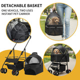 3-in-1 Pet Stroller for Small/Medium Dogs Cats,4 Wheels,Detachable Carrier Basket,Breathable Mesh,Storage Basket,Cup Holder,Weather Cover,Black,44 lbs Capacity
