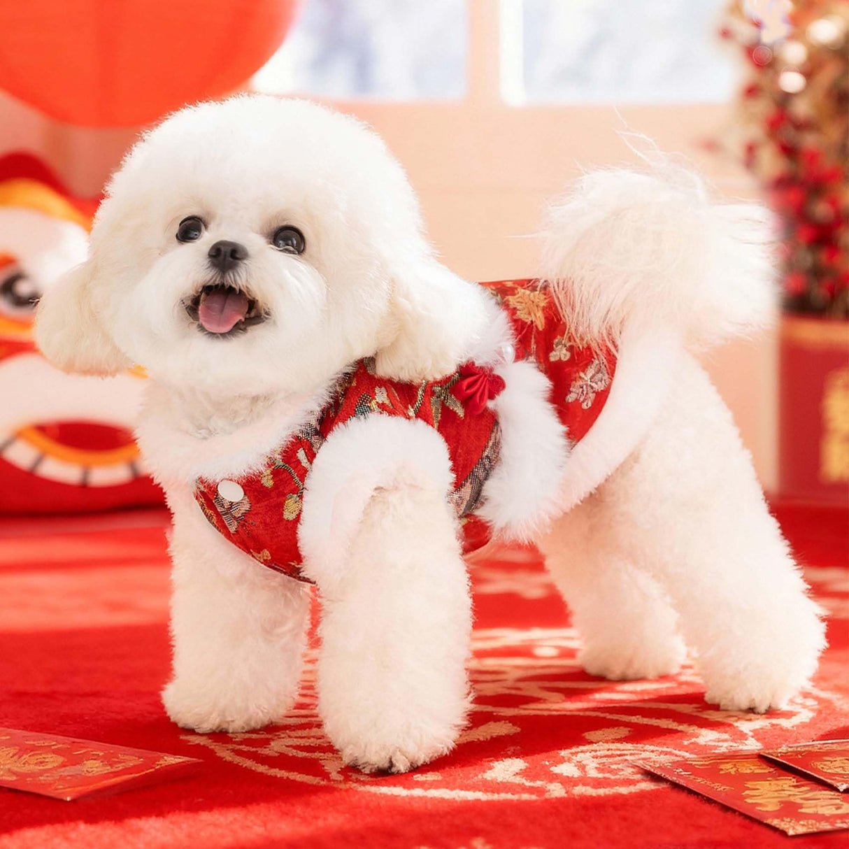 MuYaoPet Dog Chinese New Year Clothes Cat Tang Costume Outfit,Tassels Dog Cheongsam Tang Suit,Winter Fleece Pet Jacket Clothes (Red, M)