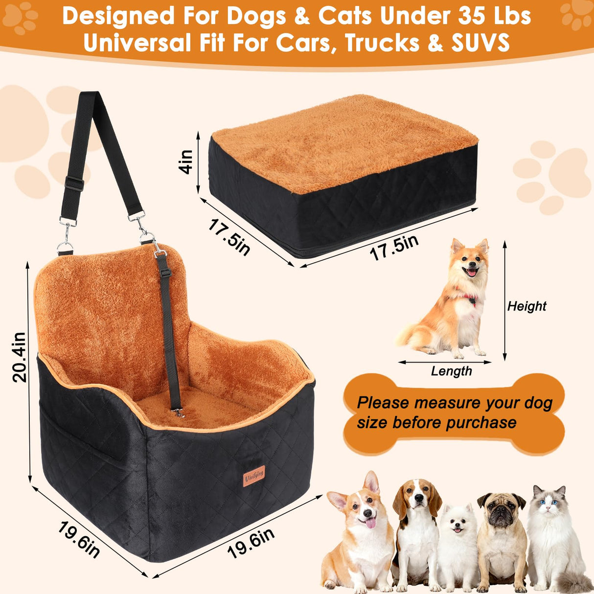 Vivifying Dog Car Seat for Small and Medium Dogs, 4" Booster Pet Car Seat with Safety Strap, Plush Travel Dog Bed for Car with Storage Pocket, Detachable Washable Cover, Fits Dogs up to 35lbs (Black)