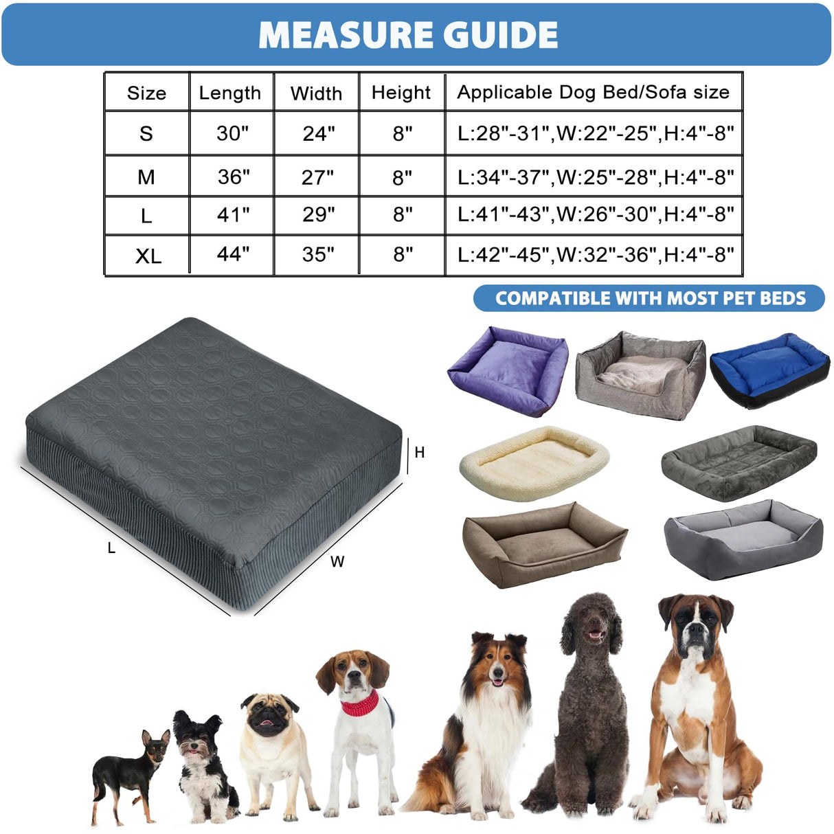 TOPHMDECOR Dog Bed Cover Waterproof, Non-Slip Rectangular Pet Bed Protector for Dogs & Cats, Removable Washable Bed Sheet Replacement,44"x35"x8",Gray,2Pcs,Covers Only