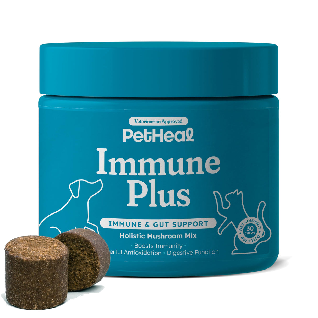 PetHeal Immune Plus Chews for Dogs - Vet-Reviewed - Supports Immunity, Energy & Liver Health with Turkey Tail, Reishi & Milk Thistle | Reduces Lumps & Promotes Shiny Coat | 30 Pork-Flavored Soft Chews
