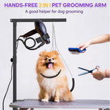 Dog Grooming Arm with Metal Clamp, Dog Grooming Table Arm & Hair Dryer Stand Hands Free Blower Hose Holder 2 in 1, Adjustable Grooming Arms for Tables with Loops for Groomers for Small Medium Pets