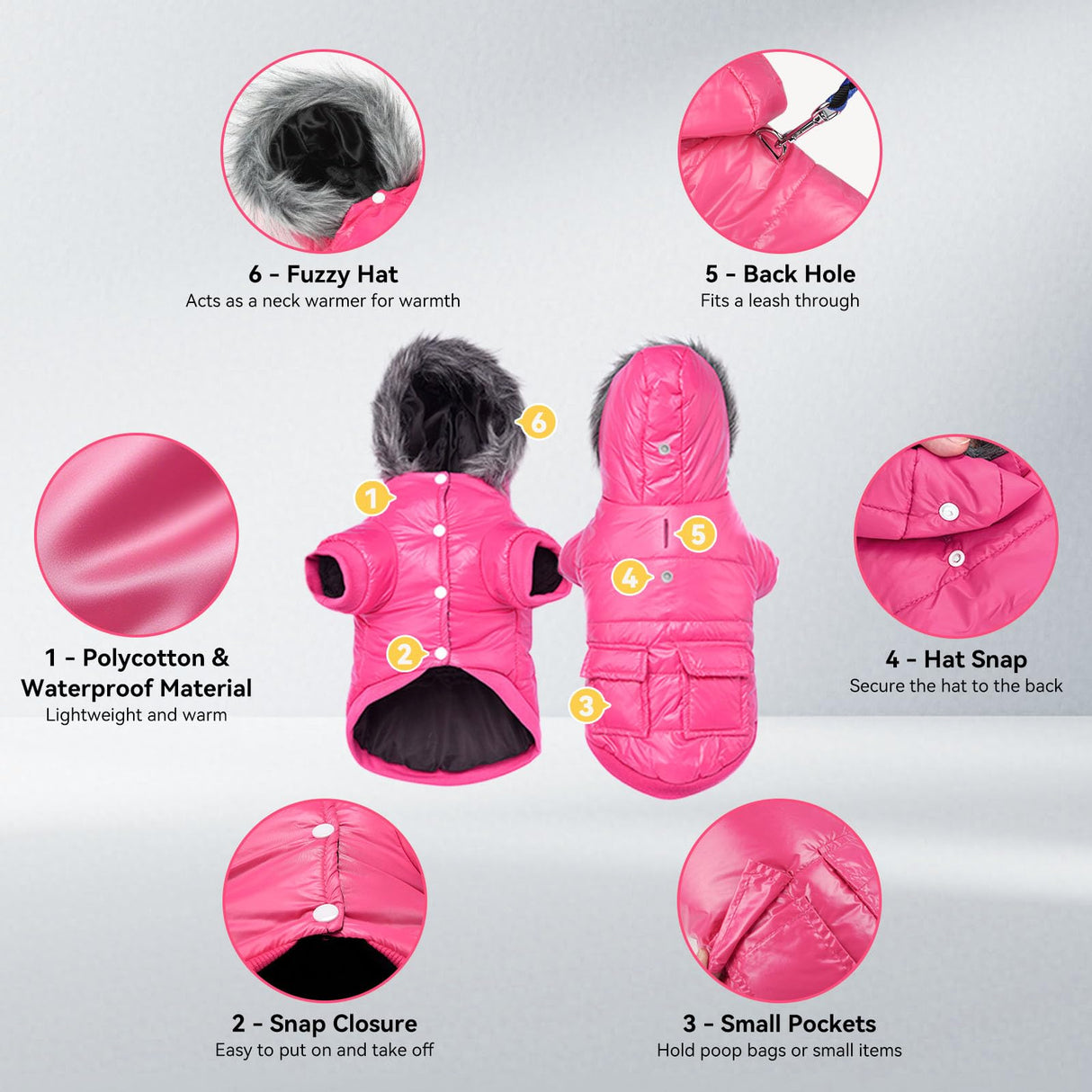 PETLESO Dog Coat for Small Dogs, Winter Pet Warm Jacket Cold Weather Windproof Puffer Jacket with Leash Hole, Button Fixable Hat, Pink XXL
