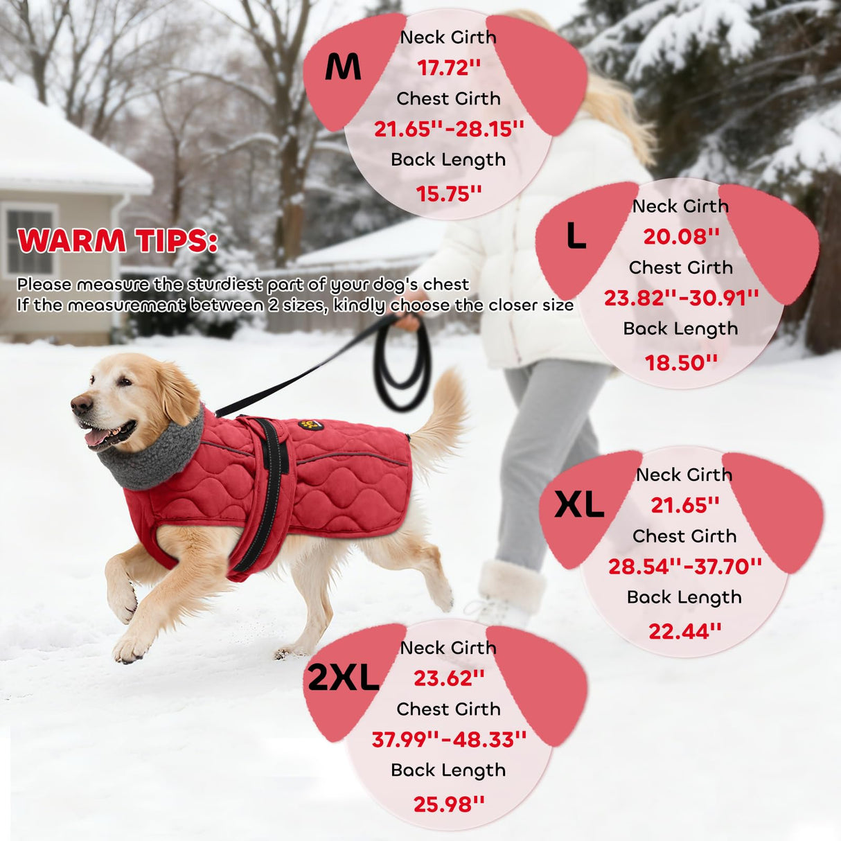 Sheripet Dog Coat Winter, Waterproof Quilted Dog Jacket for Cold Weather, Reflective Adjustable Puppy Winter Coat, Warm Turtle-Neck Pet Fleece Snow Jacket for XX-Large Dogs, NewRed XXL