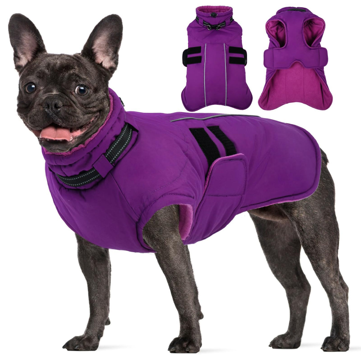 IKIPUKO Large Dog Jacket, Waterproof Winter Coat with Harness Built in, Reflective Adjustable Hook&Loop Dog Snowsuit Cold Weather, Warm Snow Coat for Dogs French Bulldog, L Purple