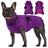 IKIPUKO Large Dog Jacket, Waterproof Winter Coat with Harness Built in, Reflective Adjustable Hook&Loop Dog Snowsuit Cold Weather, Warm Snow Coat for Dogs French Bulldog, L Purple
