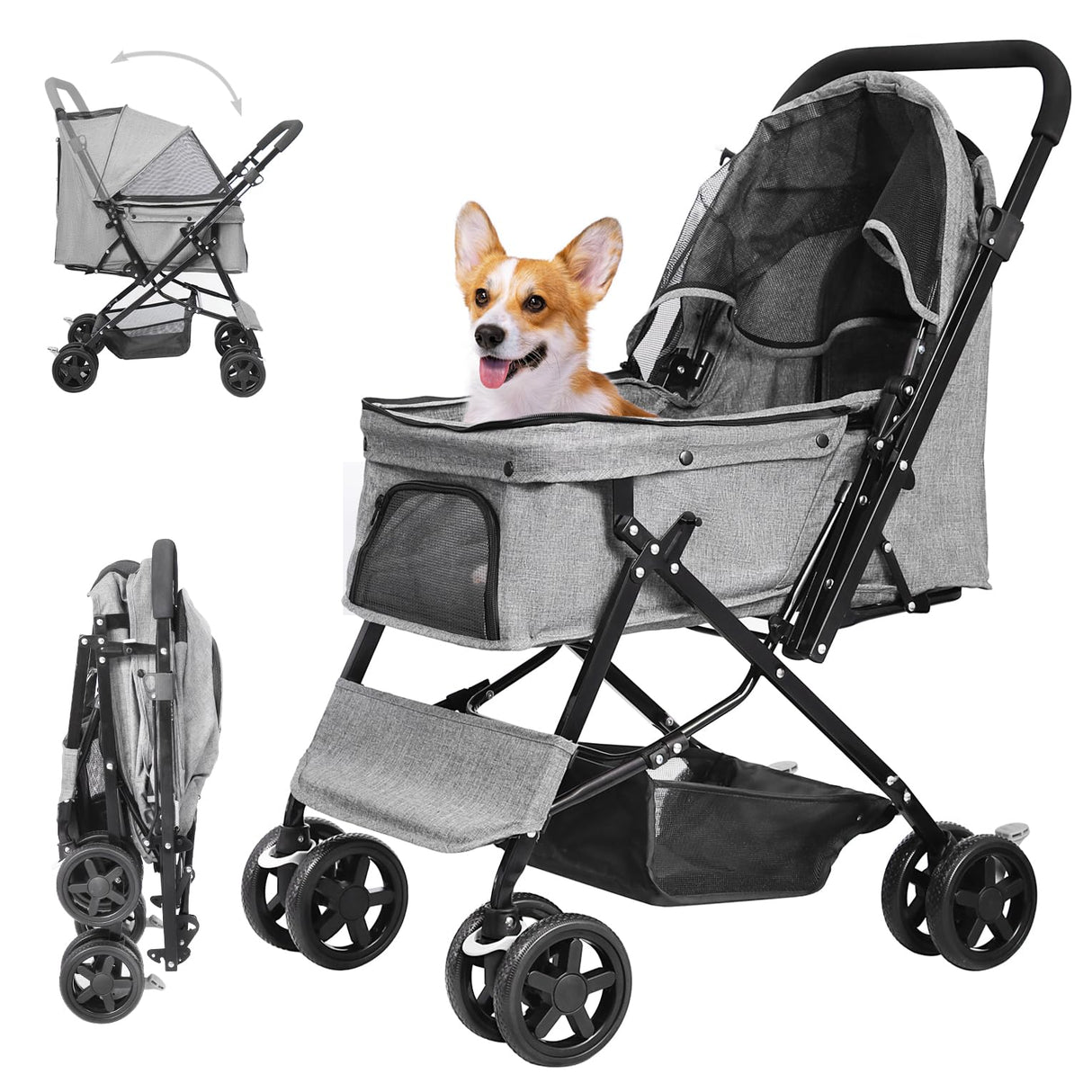 LPOTIUS Lightweight Dog Stroller with Reversible Handle for Medium Small Dogs and Cats, Foldable Pet Stroller Travel Carriage with Large Storage Basket, 4 Wheels, Linen Gray