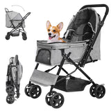 LPOTIUS Lightweight Dog Stroller with Reversible Handle for Medium Small Dogs and Cats, Foldable Pet Stroller Travel Carriage with Large Storage Basket, 4 Wheels, Linen Gray