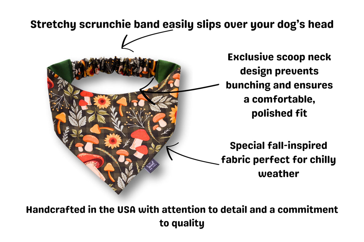 Fall Scrunchie Dog Bandana, Handmade Halloween, Thanksgiving, Harvest Pet Neckerchief, Dog & Cat Accessory, Perfect Autumn Photo Prop, Gift for Dog (Mushrooms and Sunflowers, Small)