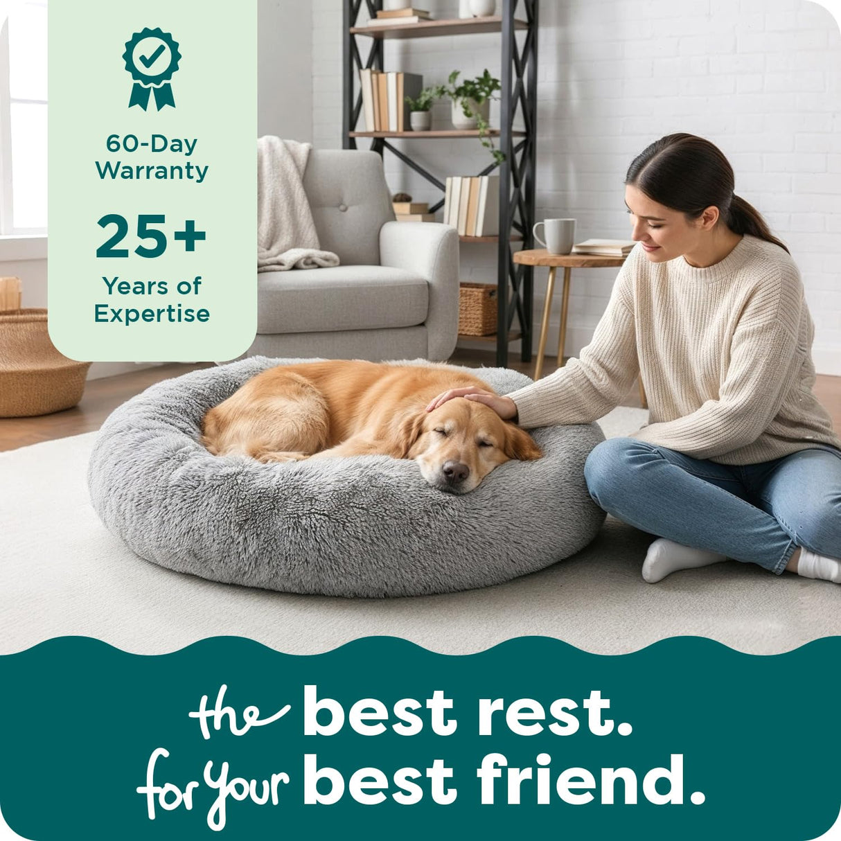 Furhaven 36" Round Calming Donut Dog Bed for Large/Medium Dogs, Refillable w/ Removable Washable Cover, For Dogs Up to 75 lbs - Shaggy Plush Long Faux Fur Donut Bed - Gray, Large