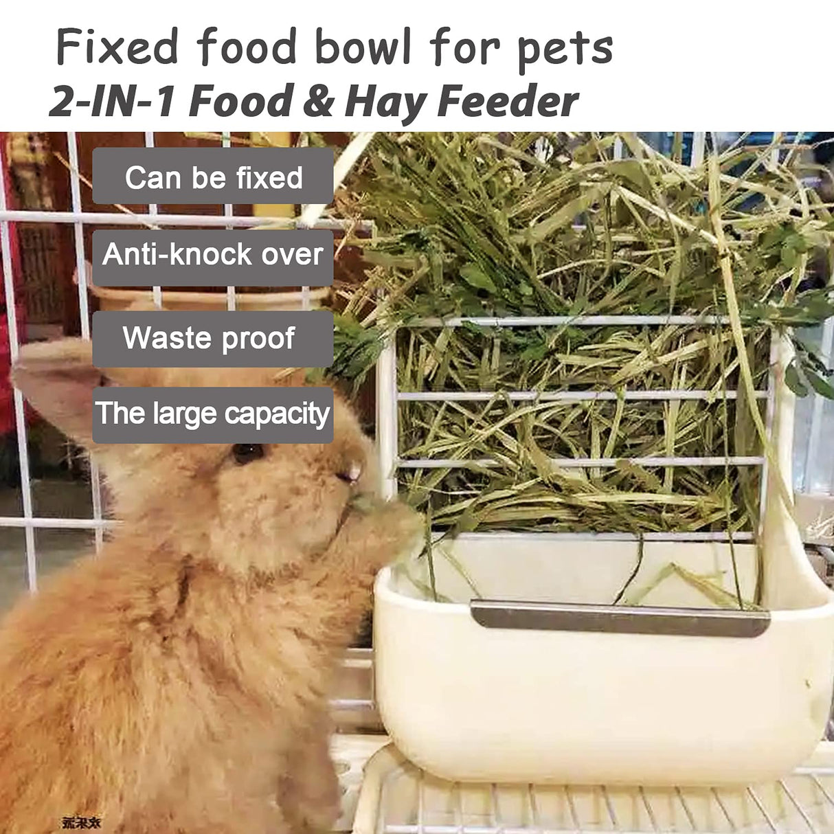 HERCOCCI Rabbit Hay Food Bin Feeder and Bunny Water Bottle Set, Hay Food Feeder Bowls Manger Rack with 500ml Hanging Water Dispenser Prevent Knock Over for Rabbit Guinea Pig Chinchilla (Large, White)