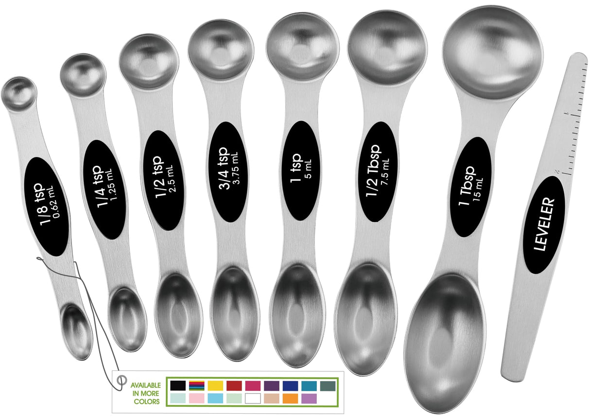 Stainless Steel Magnetic Measuring Spoons Set with Strong N45 Magnets, Heavy Duty Metal Kitchen Gadgets for Baking & Cooking, Fits in Most Kitchen Spice Jars, Set of 8 with Leveler, Black