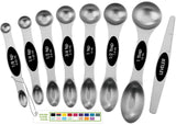 Stainless Steel Magnetic Measuring Spoons Set with Strong N45 Magnets, Heavy Duty Metal Kitchen Gadgets for Baking & Cooking, Fits in Most Kitchen Spice Jars, Set of 8 with Leveler, Black