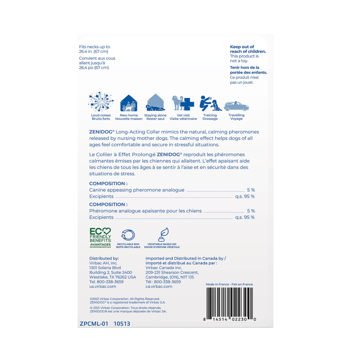 Virbac ZENIDOG Long Acting Dog Calming Pheromone Collar for Stress Relief, Medium/Large Dog - Lasts up to 3 Months
