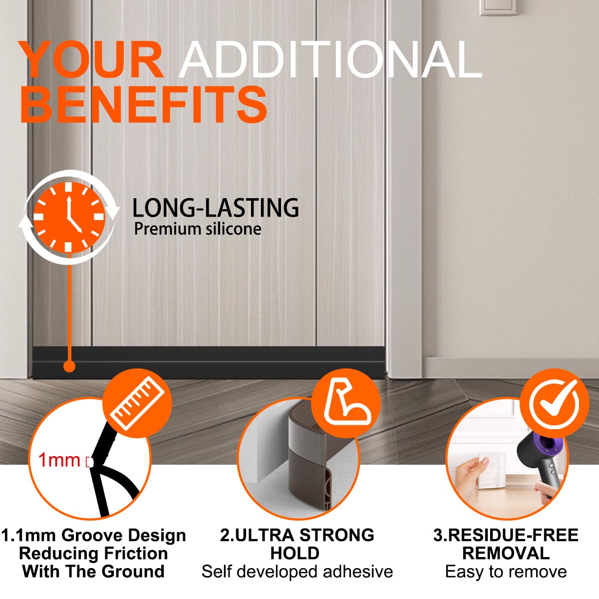 Ormein Door Draft Stopper, Adjustable Weather Stripping Seal for Cold Insulation, Bottom/Under Sweep for Exterior & Interior Doors, Seal Blocker Noise, Black, 39 inches