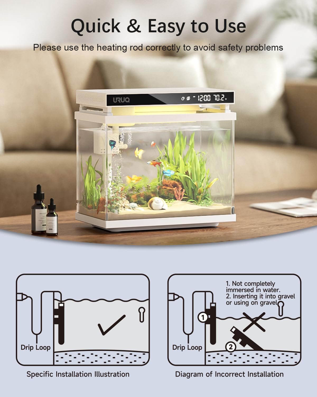 Small Aquarium Fish Tank Heater: URUQ 25W Submersible Aquarium Heater Adjustable Temperature Ultra-Low Water Level for Betta Fish Starter Kit - Under 5 Gallon Mini Aquarium