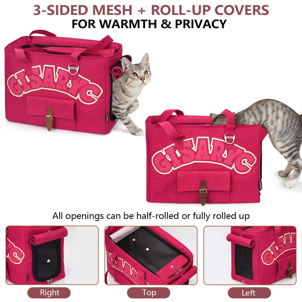 Dog Purse Carrier for Small Dogs, Cats and Puppies – Soft-Sided Foldable Pet Travel Bag with Multi Pockets, 3-Sided Mesh & Rollable Cover for Nervous Cats, Fits Pets up to 15 lbs (Berry Red)
