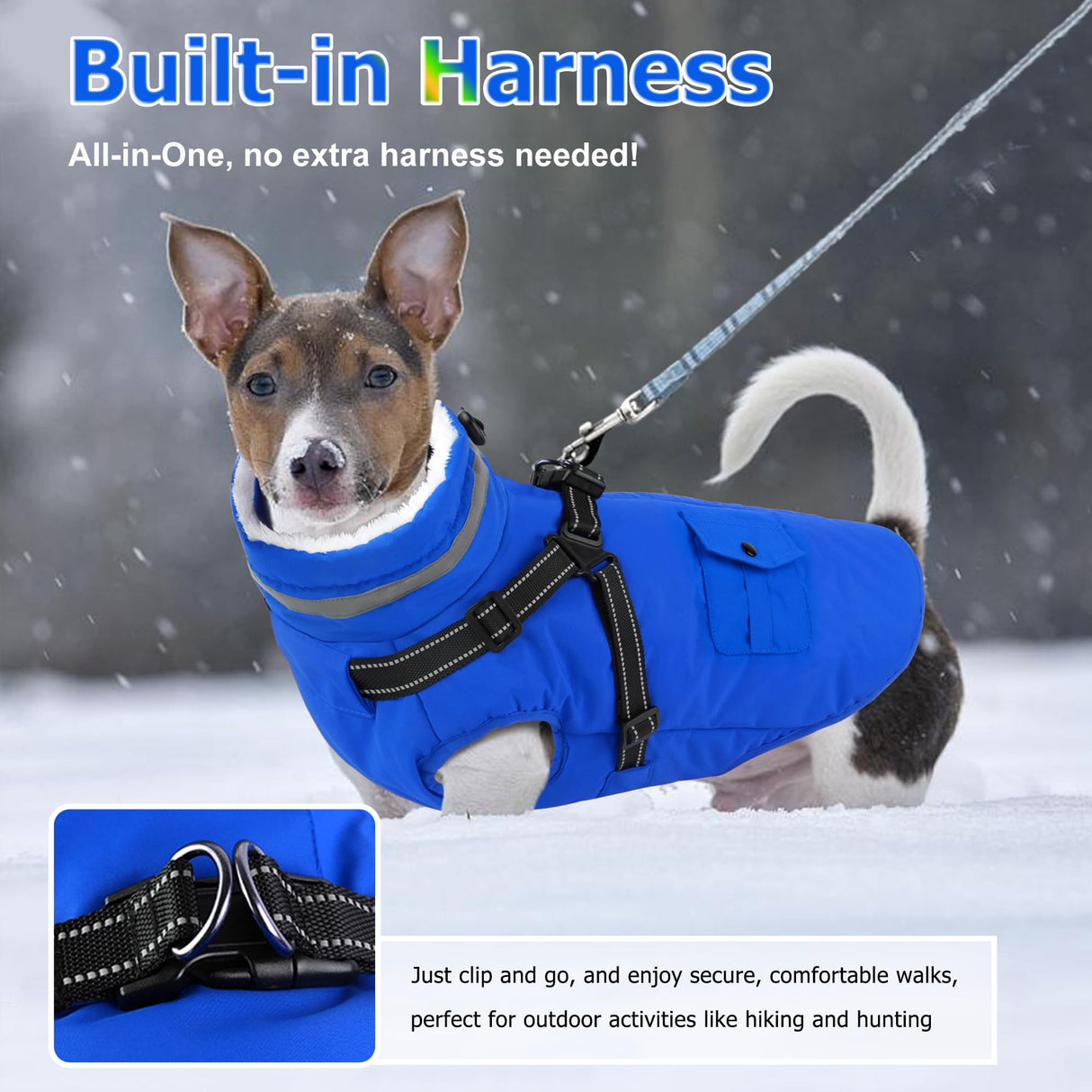 Dogcheer Dog Coat with Harness, Waterproof Warm Dog Winter Jacket with Pockets, Reflective Pet Fleece Jacket Turtleneck Snowsuit for Small Medium Large Dogs - Blue, 2XL