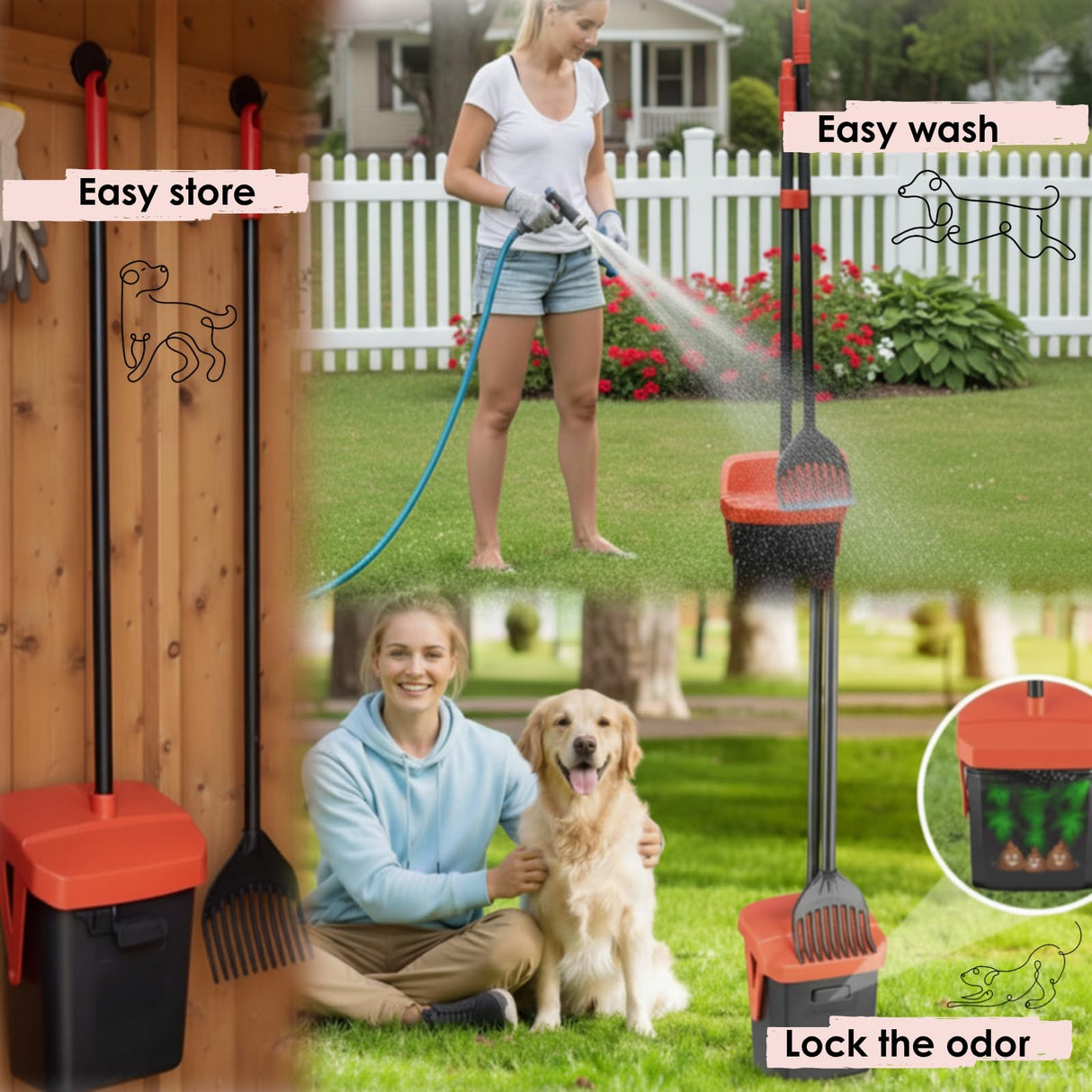 TIMINGILA 36" Pooper Scooper Swivel Bin & Rake with 100 Dog Poop Bags,Adjustable Long Handle for No-Bend Cleanup,Portable Non-Breakable Dog Poop Scooper for Large Medium Small Dogs