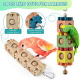 DBNESS 2Pcs Bird Chew Toys for Beak Grinding, Hanging Rotating Wood Block with Bell Parrot Foraging Enrichment Toy for Small to Medium Cocktiel, Conure, Caique