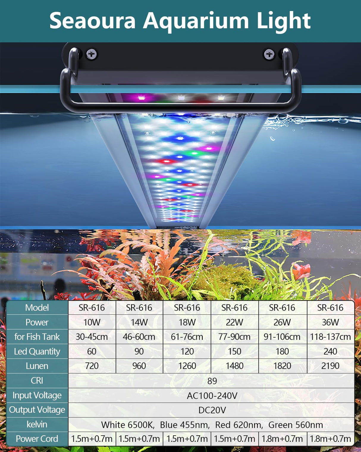 SEAOURA Led Aquarium Light for Plants-Full Spectrum Fish Tank Light with Timer Auto On/Off, 12-18 Inch, Adjustable Brightness, White Blue Red Green Pink LEDs with Extendable Brackets for Freshwater