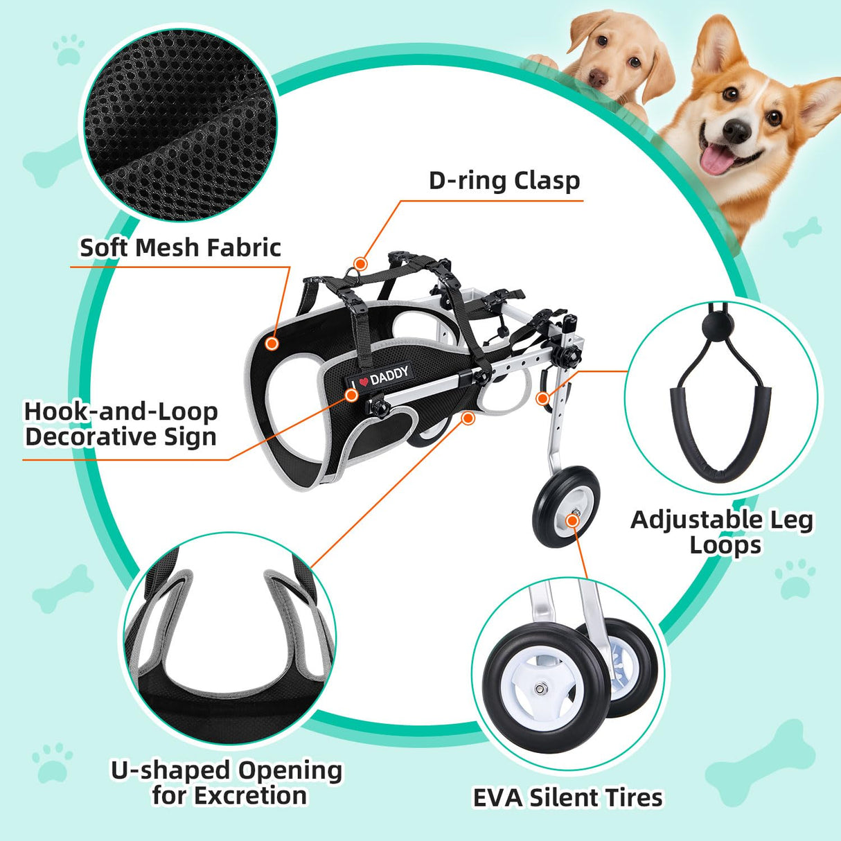 Nasjac Dog Wheelchair for Back Legs - Lightweight Portable Wheelchair with Reflective Stripes, Adjustable Pet Wheelchair Cart for Senior, Arthritis, Paralyzed, Injured, or Disabled Dogs (Black, S)