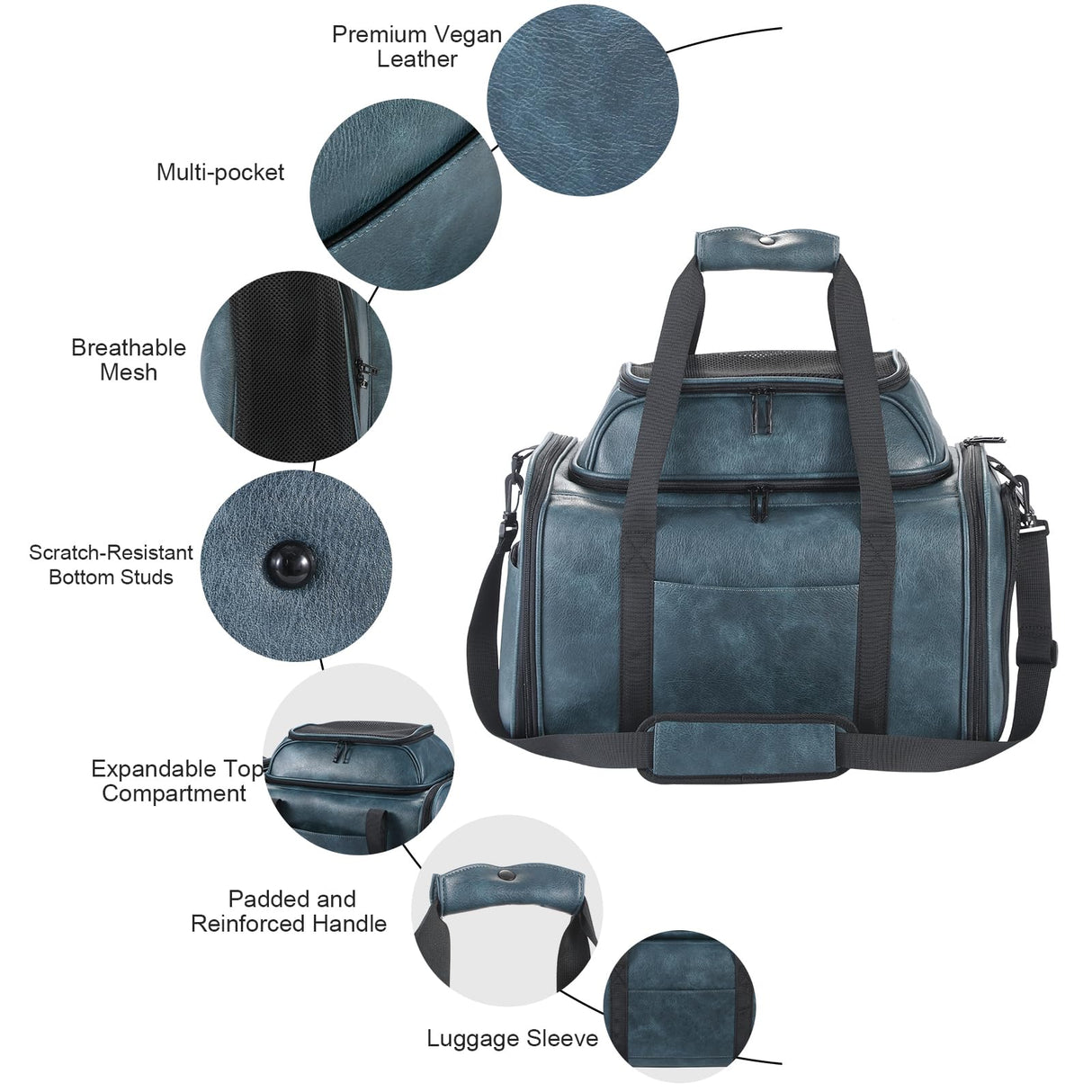 Bosnanller Premium Leather Top Expandable Pet Carrier for Small Dogs & Cats Under 15 lbs, Airline Approved Collapsible Soft-Sided Luxury Travel Bag Blue