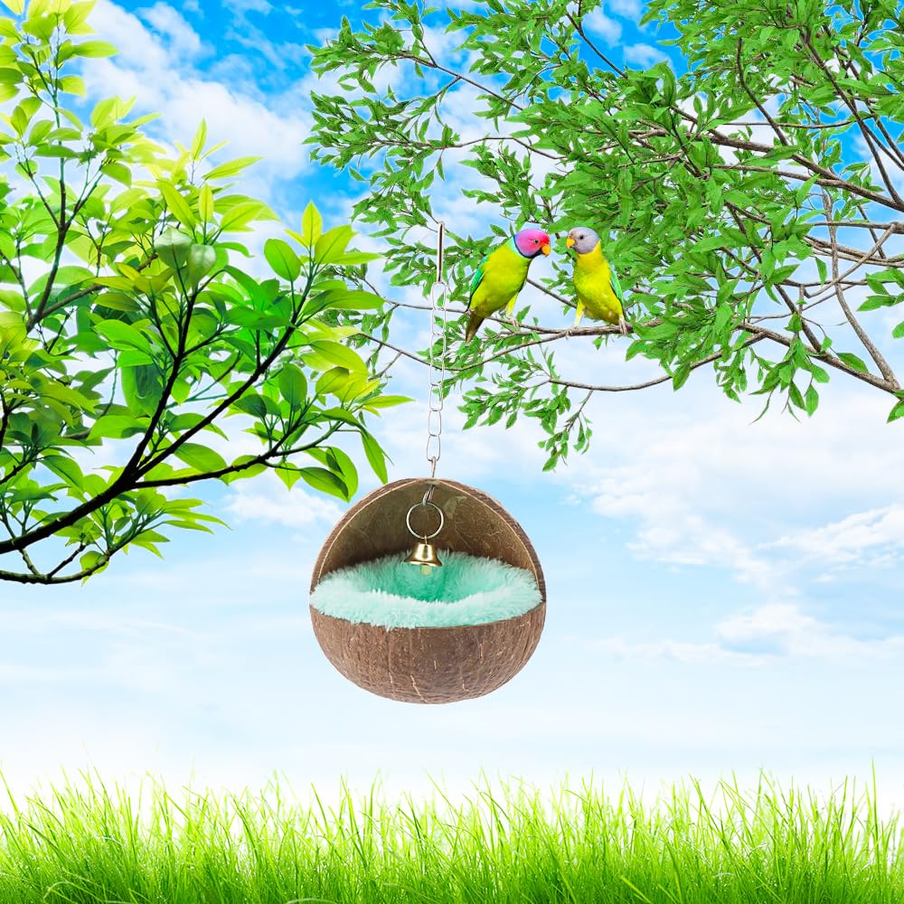 2 Pcs Natural Coconut Shell Bird Nest House Bed Breeding Nesting Anti-Pecking Bite with Warm Pad and Bell for Bird Parrot Budgie Parakeet Cockatiel Conure Lovebird Canary Finch