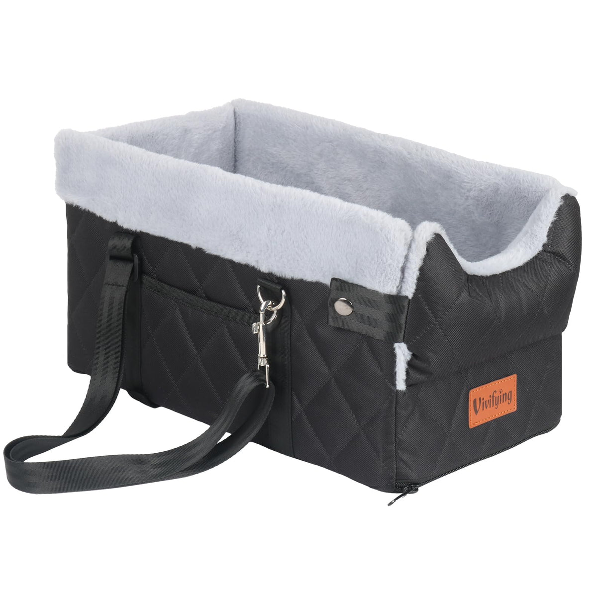 Vivifying Center Console Dog Car Seat for Small Dogs Up to 10 lbs, Plush Pet Booster Seat with Safety Leash, Adjustable Straps, Storage Pocket, Portable Car Seat for Puppies, Black & Grey