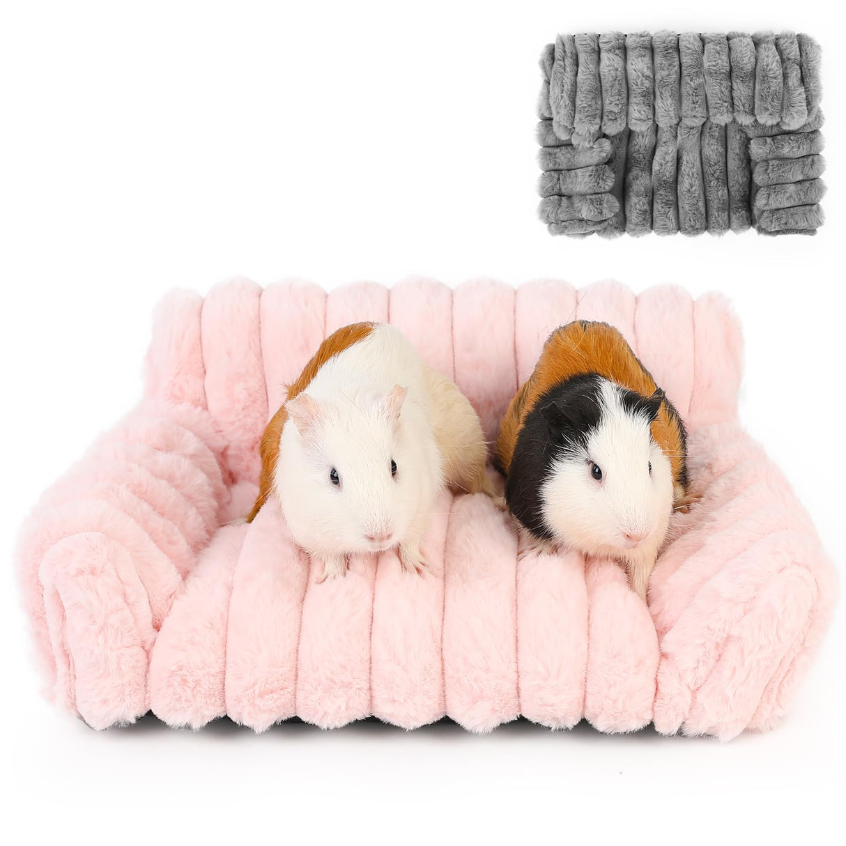 ONEJU Guinea Pig Couch - Fluffy Small Pet Sofa with with Two Removable Washable Covers, Guinea Pig Bed with Stuffed Arms and Back, Super Cozy Corduroy Fleece, Pink and Dark Gray Respectively