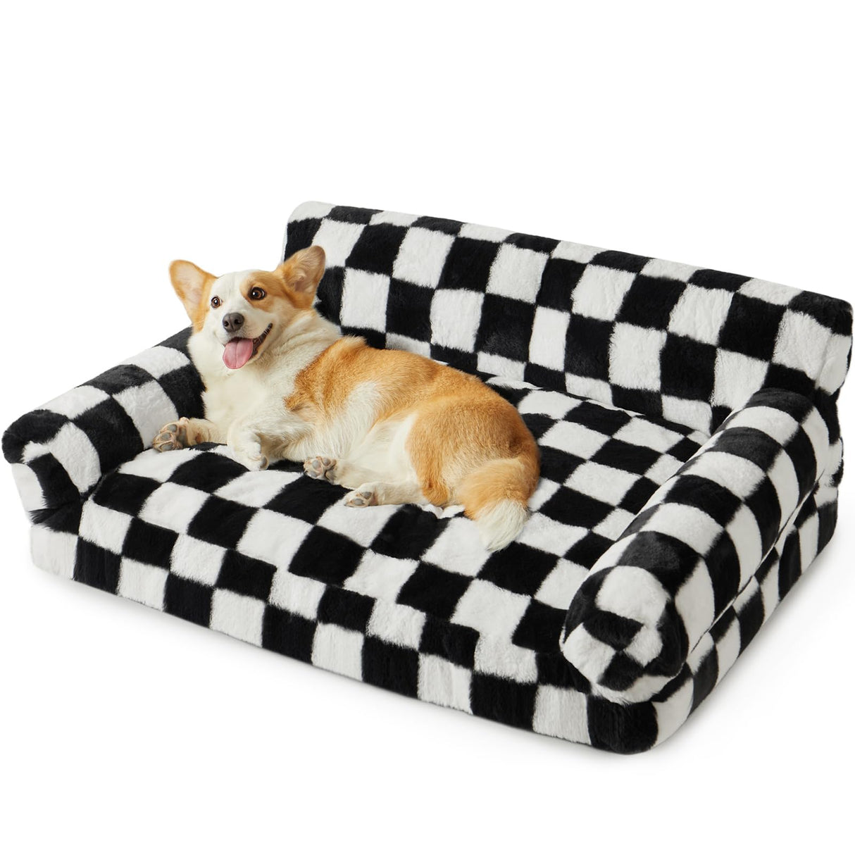 BFPETHOME Dog Couch Bed, Cute Pet Sofa with Non-Slip Bottom, Checkered Dog Bed with Washable Cover, XL Pet Couch (Black&White)