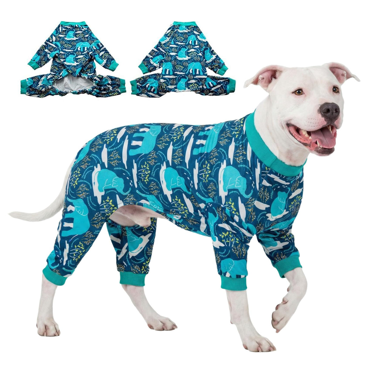 LovinPet Large Dog Clothes, Pet Anxiety Relief, UV Protection, Large Breed Dog Pajamas, Lightweight Stretchy Knit Fabric Onesie, Blue Elephant Print Weimaraner Jammies, Pet PJ's/XXL
