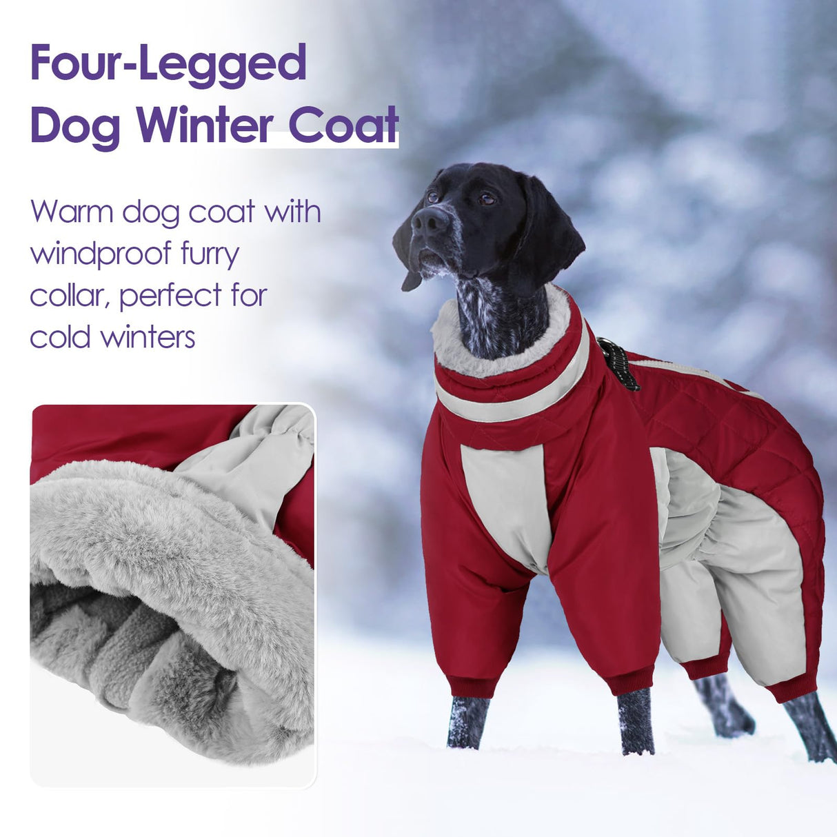 SUNFURA Full Body Dog Coat - Warm Fleece Jacket for Large Dogs, Turtleneck Winter Coats with Harness, Reflective Dog Snowsuit Windproof Puffer Jackets with Legs for Weimaraner, Burgundy XL