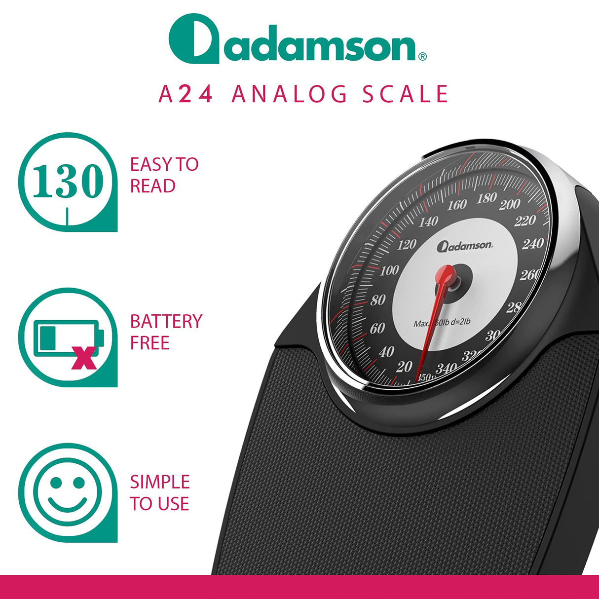 Adamson A24 Scales for Body Weight - Up to 350 LB - NEW 2024 - Anti-Skid Rubber Surface Extra Large Numbers - High Precision Bathroom Scale Analog - Durable with 20-Year Warranty