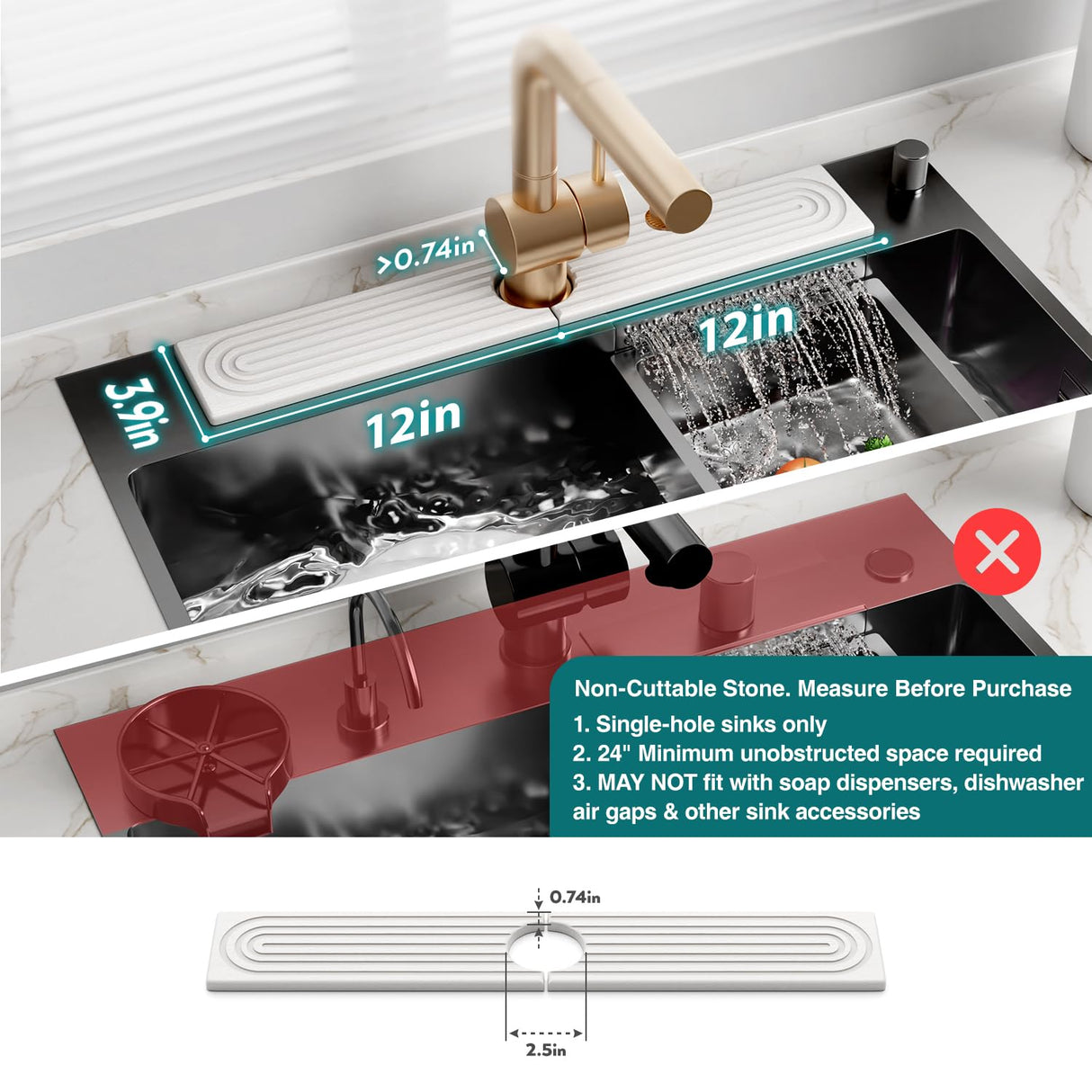 Faucet Mat for Kitchen Sink – Diatomite Stone Drying Mat & Sink Protectors, Prevent Moisture – Sink Splash Guard Water-Absorbing Stone Tray for Bathroom Counter (Light Grey, 23.6" x 3.9")