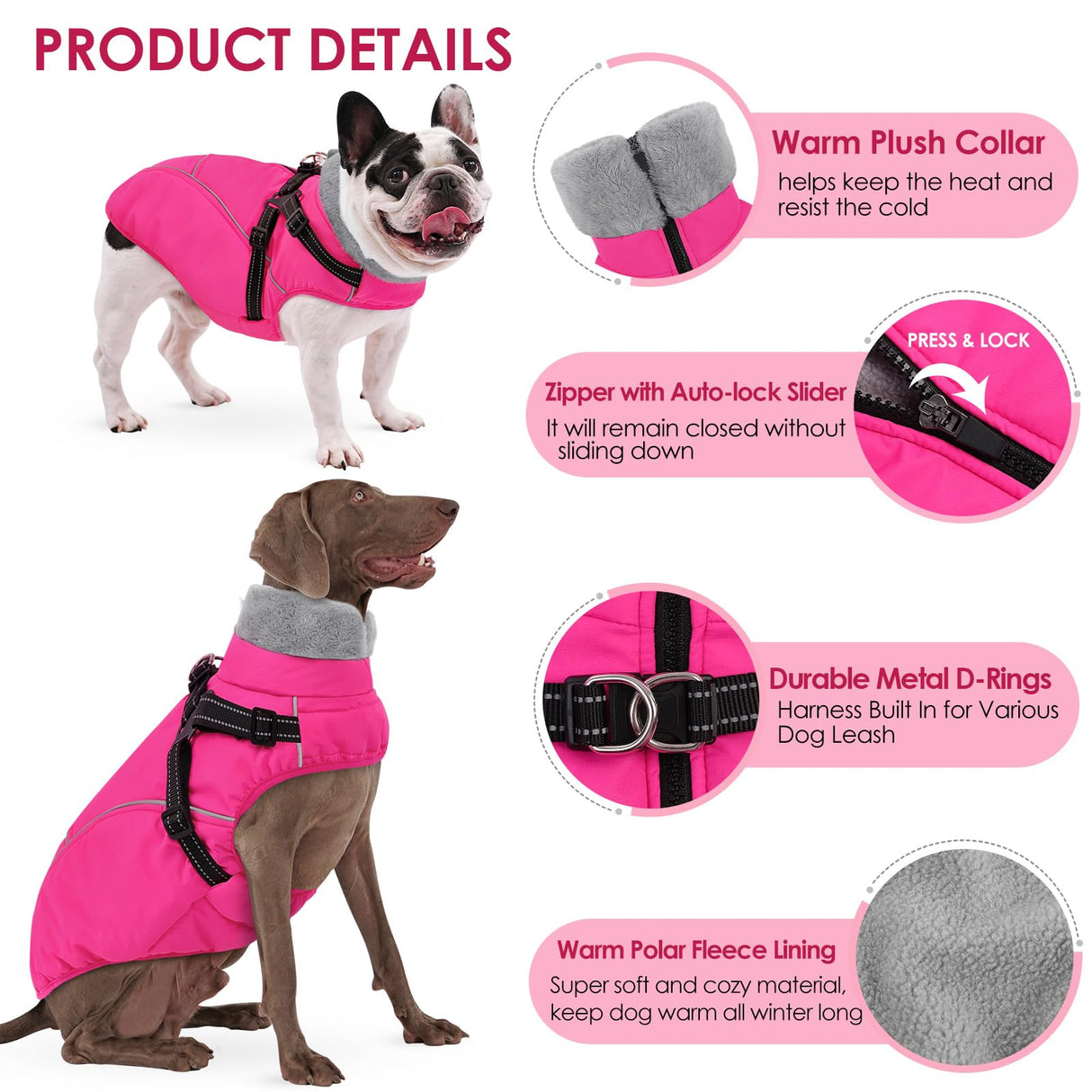 AOFITEE Dog Winter Coat, Waterproof Dog Jacket with Harness Built in, Warm Fleece Dogs Coats for Medium Dogs, Reflective Cozy Thermal Pet Puffer Jacket Snowsuit with Zipper & Furry Collar, Pink M