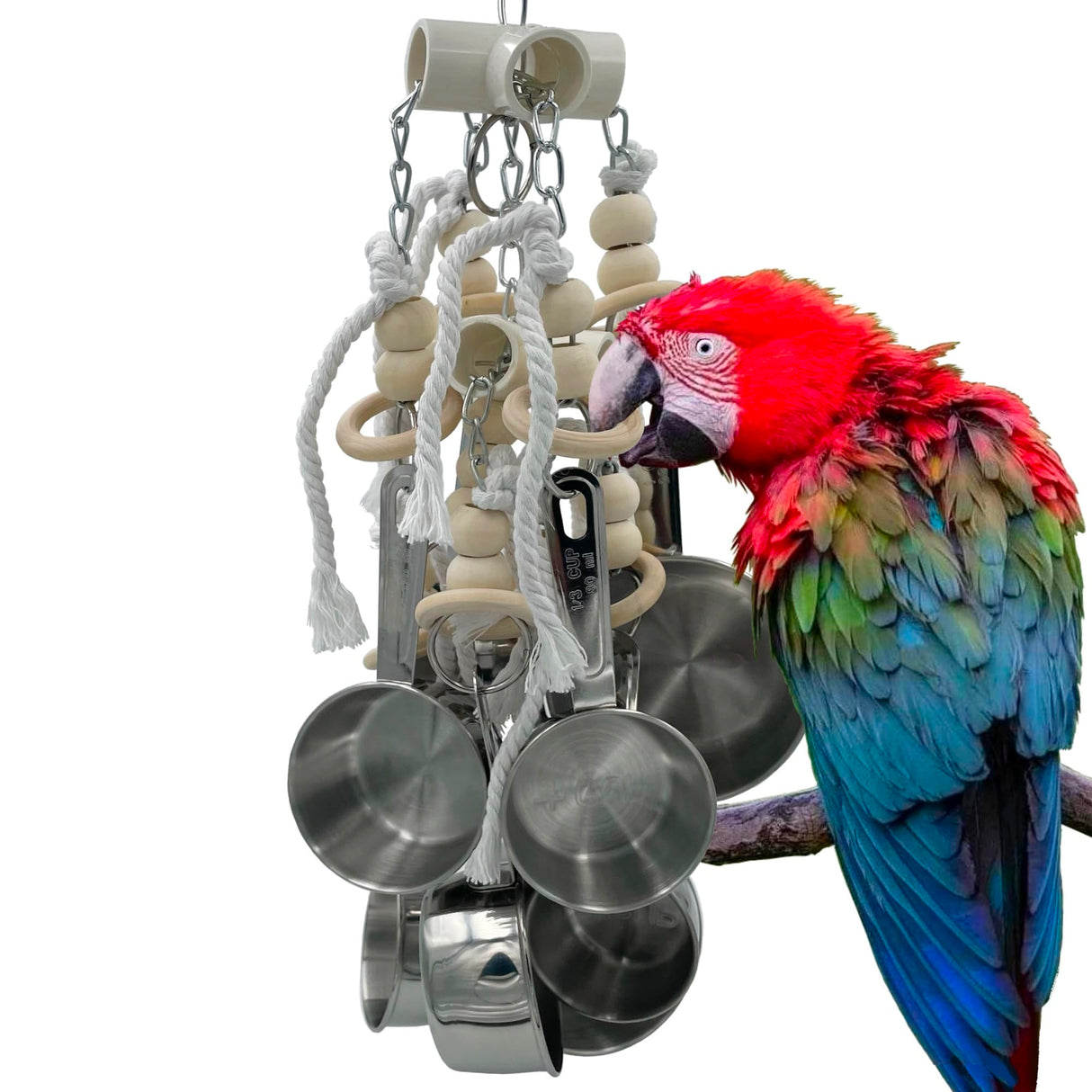 GILYGI Durable Stainless Steel Pots & Wooden Beads Parrot Toys - Pullable 8 Metallic Cups & 8 Natural Dye-Free Rings for Large & Extra Large Parrots Macaws Amazons African Greys Cockatoos Eclectus