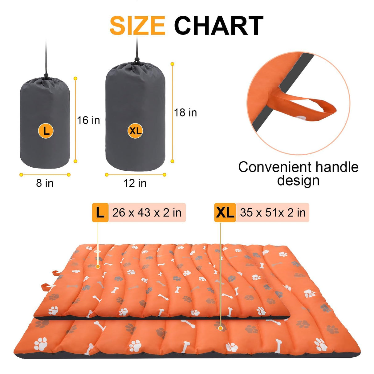 BEAUTYZOO Outdoor Dog Bed Waterproof, Camping Dog Bed Reversible, Portable Travel Bed with Carry Bag- Machine Washable, Durable, Foldable Outdoor Pet Bed Mat for Medium Large Dogs, 26" x 43" Orange