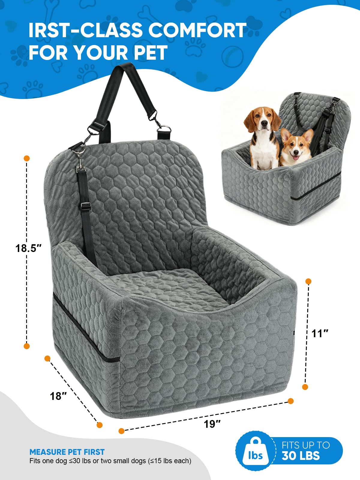 Sniffury Dog Car Seat for Small/Medium Pets, Adjustable Booster Seat with Safety Leash, Washable Cover & Storage Pockets (Up to 35 lbs, Gray)