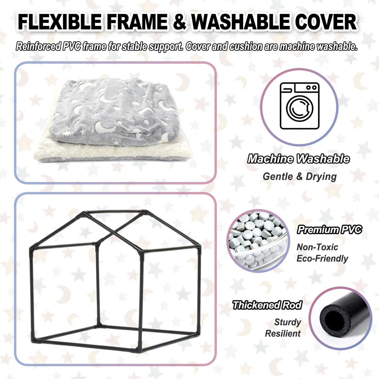 Pelemee Indoor Dog House, Night-Luminous Star Dog Tent with Frame, Washable Dog Cave Bed, Suitable for 18-40 lb Small and Medium Dog