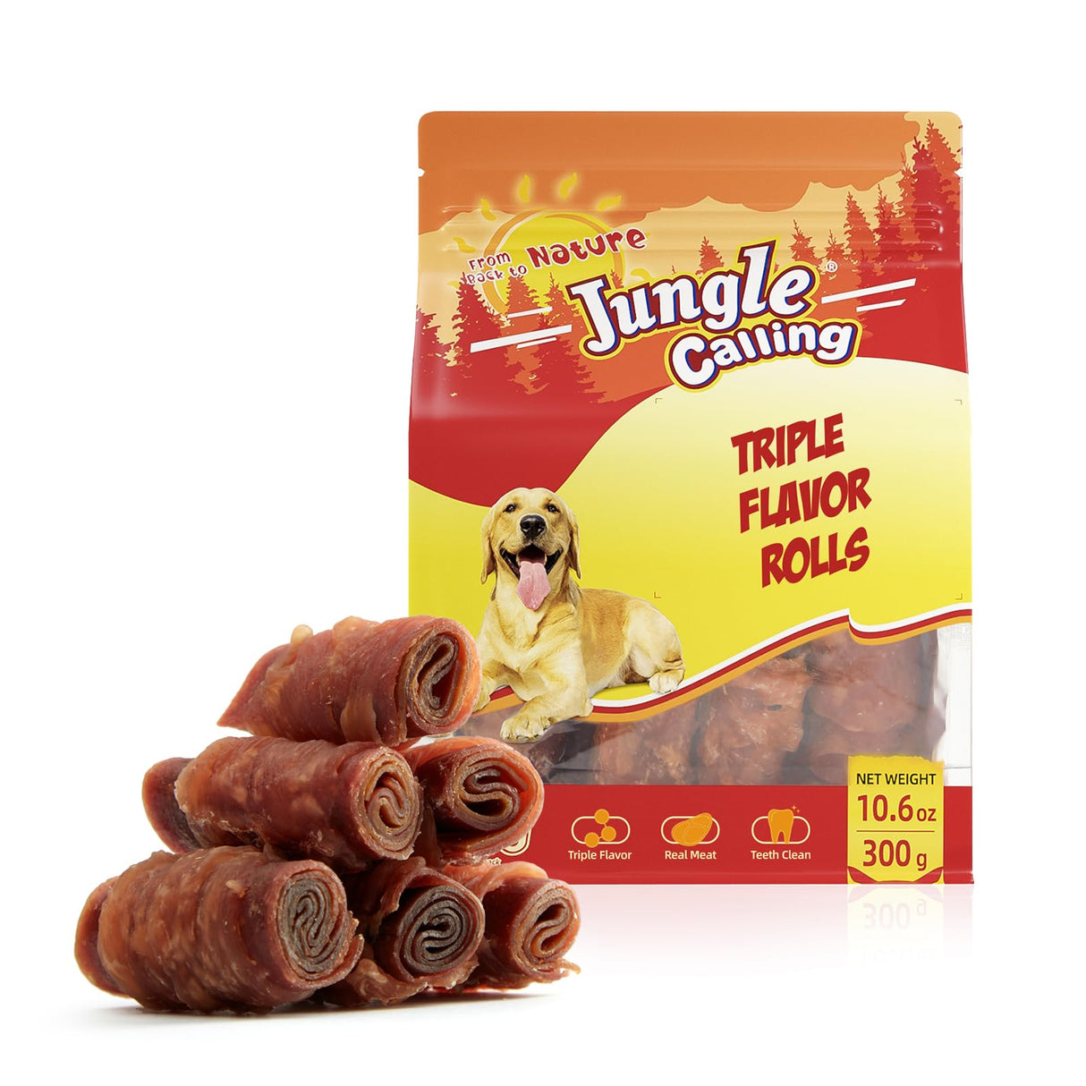 Jungle Calling Triple Flavor Rolls Dog Treats, Made with Real Chicken Duck Beef Meat, Rawhide Free Dogs Snacks,Healthy, Easily Digestible, and High Protein Treat, 10.6 oz