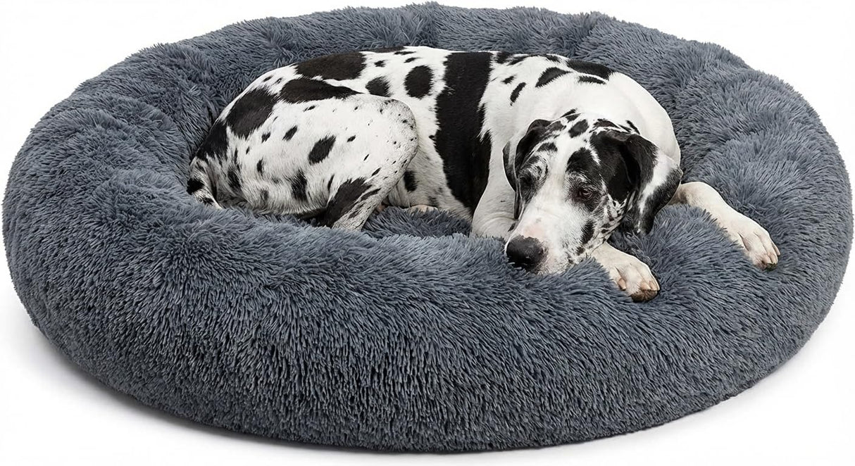 Active Pets Premium Large Donut Dog Bed, Fits Up to 100 lbs, Removable Cover & Washable Cushion, Plush Long Pile Faux Fur Fabric, Portable Dark Grey Pet Bed Furniture for Big Adult Canines & Cats