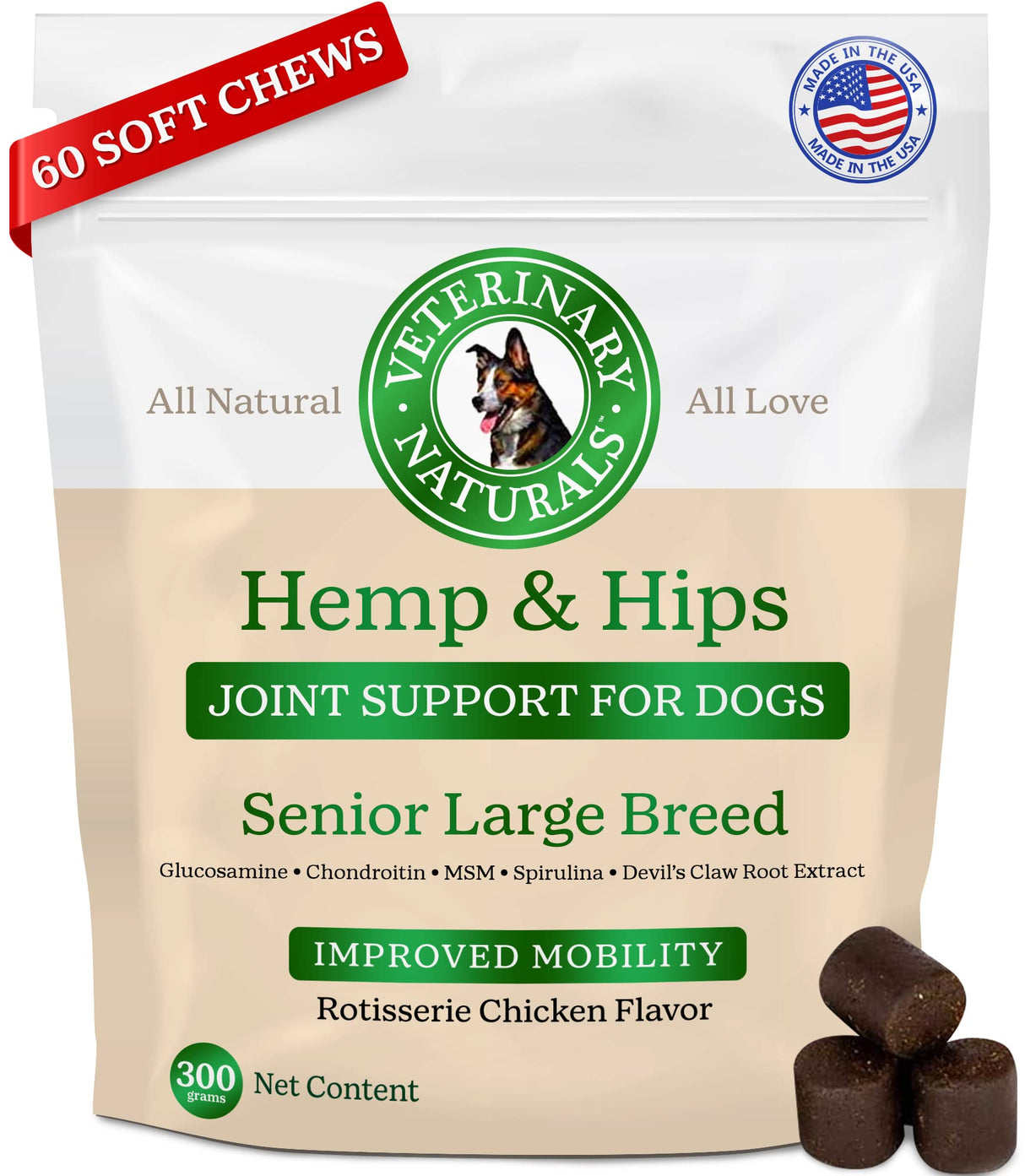 Veterinary Naturals Hemp & HIPS Joint Supplement for Dogs/Supports Relief from Hip and Joint Pain in Large, Aging Dogs (Senior Large Breed, Chicken)