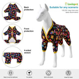 LovinPet Clothes for Labrador Pajama, Anxiety Calming Shirt,Anti Licking Dog Pajamas, Lightweight Fabric, Vintage Happy 2 Quilted Multi Print, Large Dog Pjs, Pitbull Clothes, Black Yellow M
