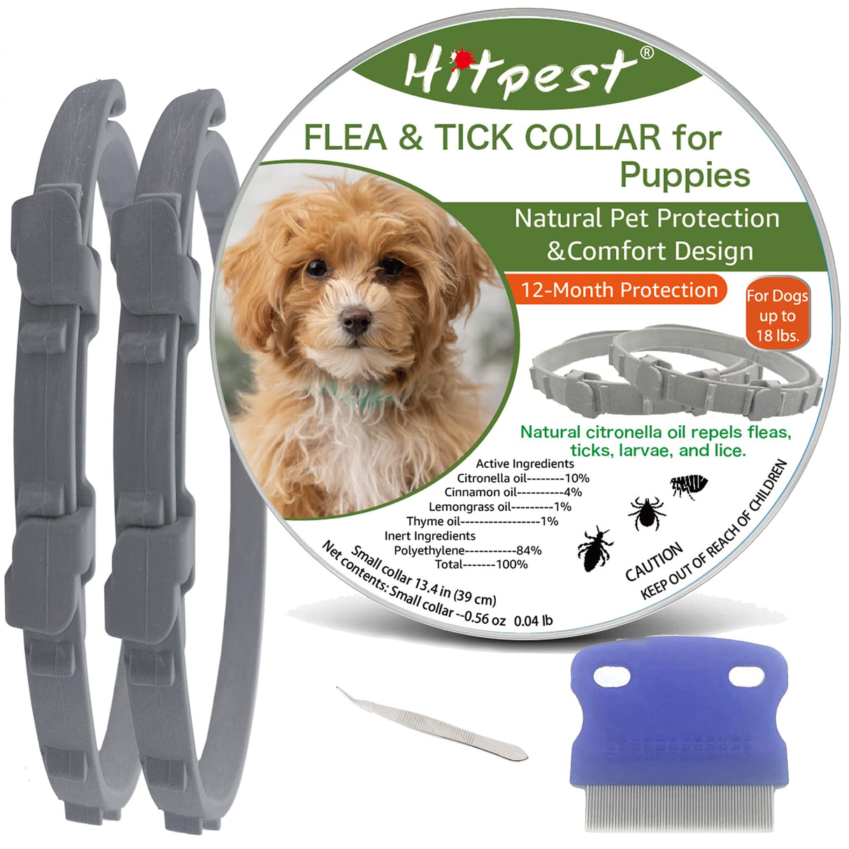 Flea and Tick Collar for Puppies - 12-Month Natural Protection - Safe & Effective Flea and Tick Prevention - Includes Flea Comb and Tweezers, 2-Pack